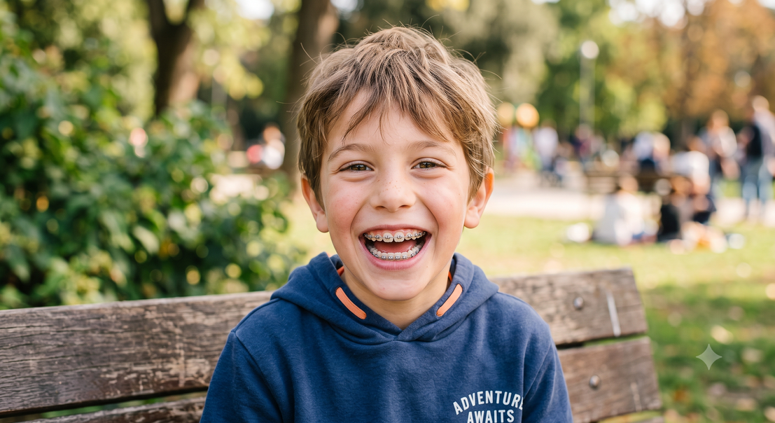 Bambino con apparecchio ortodontico che sorride